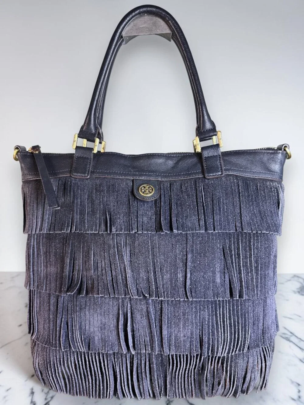 Tory Burch Suede & Leather Large Rare Color Navy Blue Fringe Tote Shoulder Bag